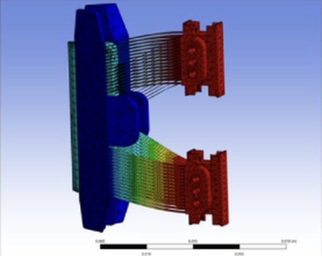 ANSYS model of the flexure assembly with colored stress results